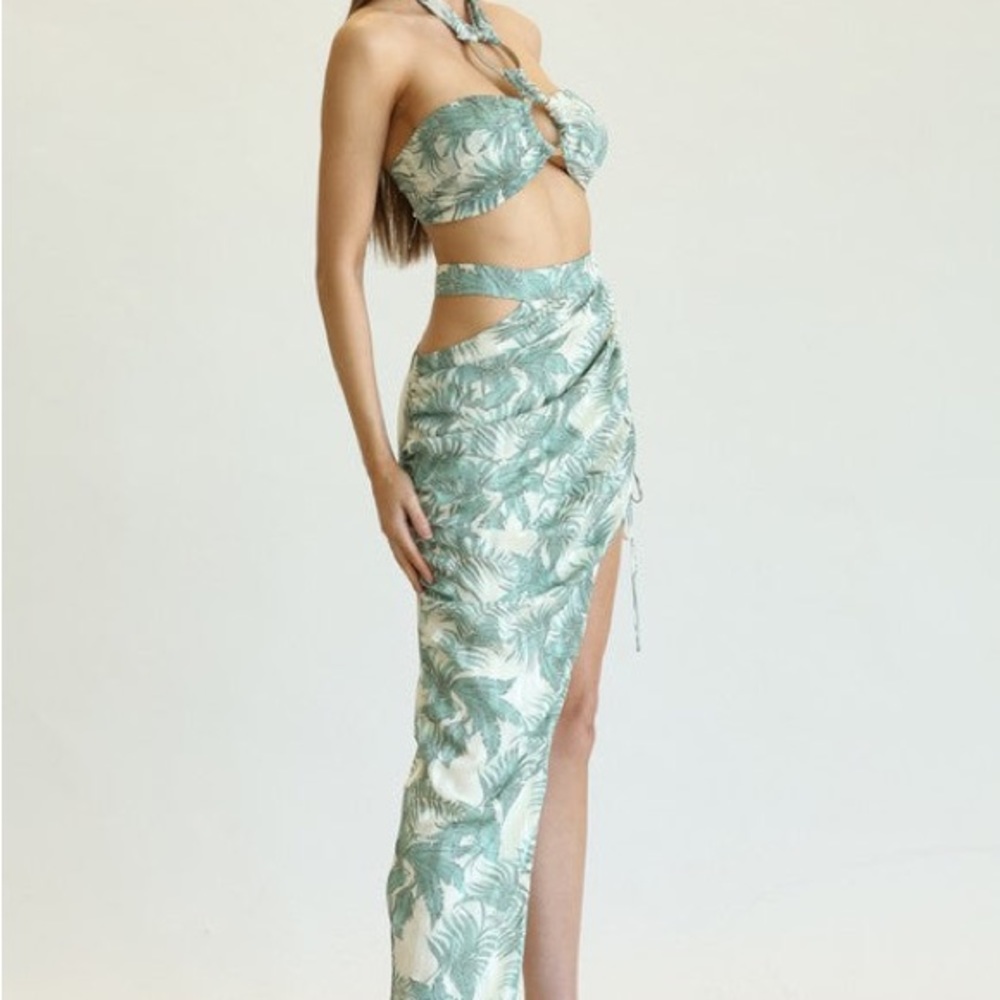 Tropical Print Two Piece Sage Skirt Set